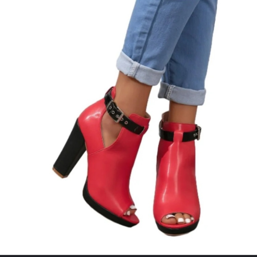 New Stylish Red Peep-Toe Heeled Boots